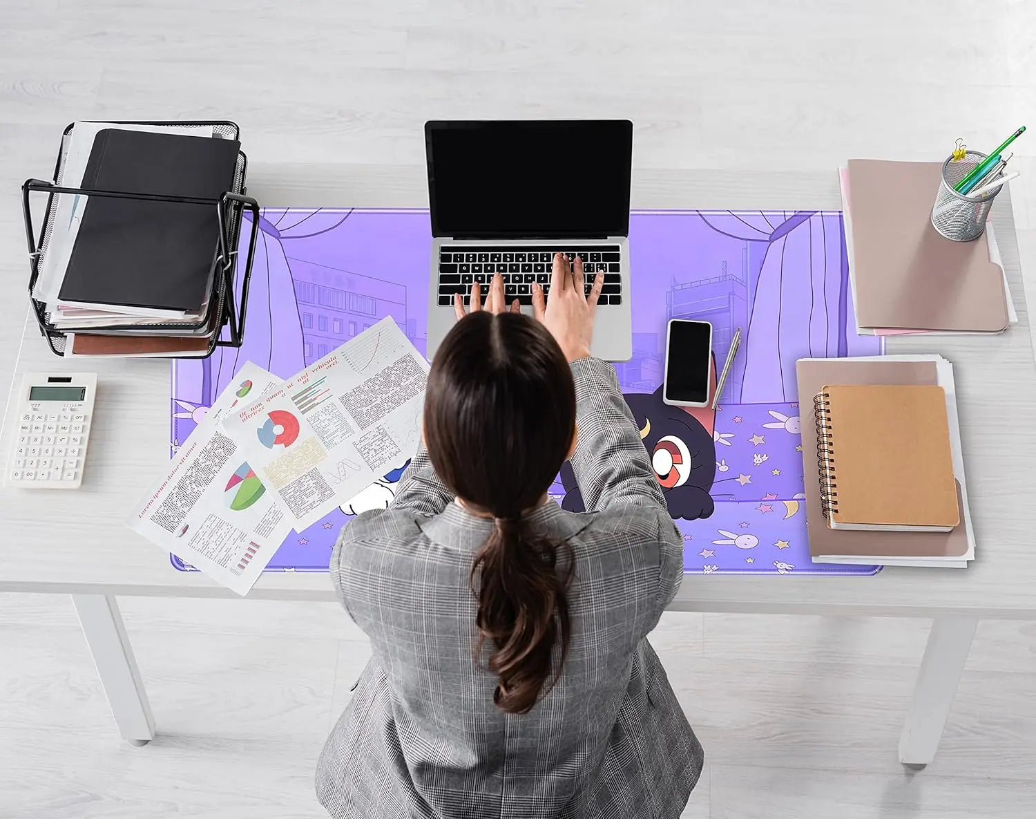 Pastel Purple Desk Mat Kawaii Cat Patterns