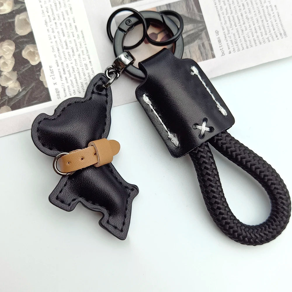 Leather Lanyard Keychain Creative Method Fighting Dog Puppies Custom Text Logo Animal Bag Pendant High-end Car Keyring Gift