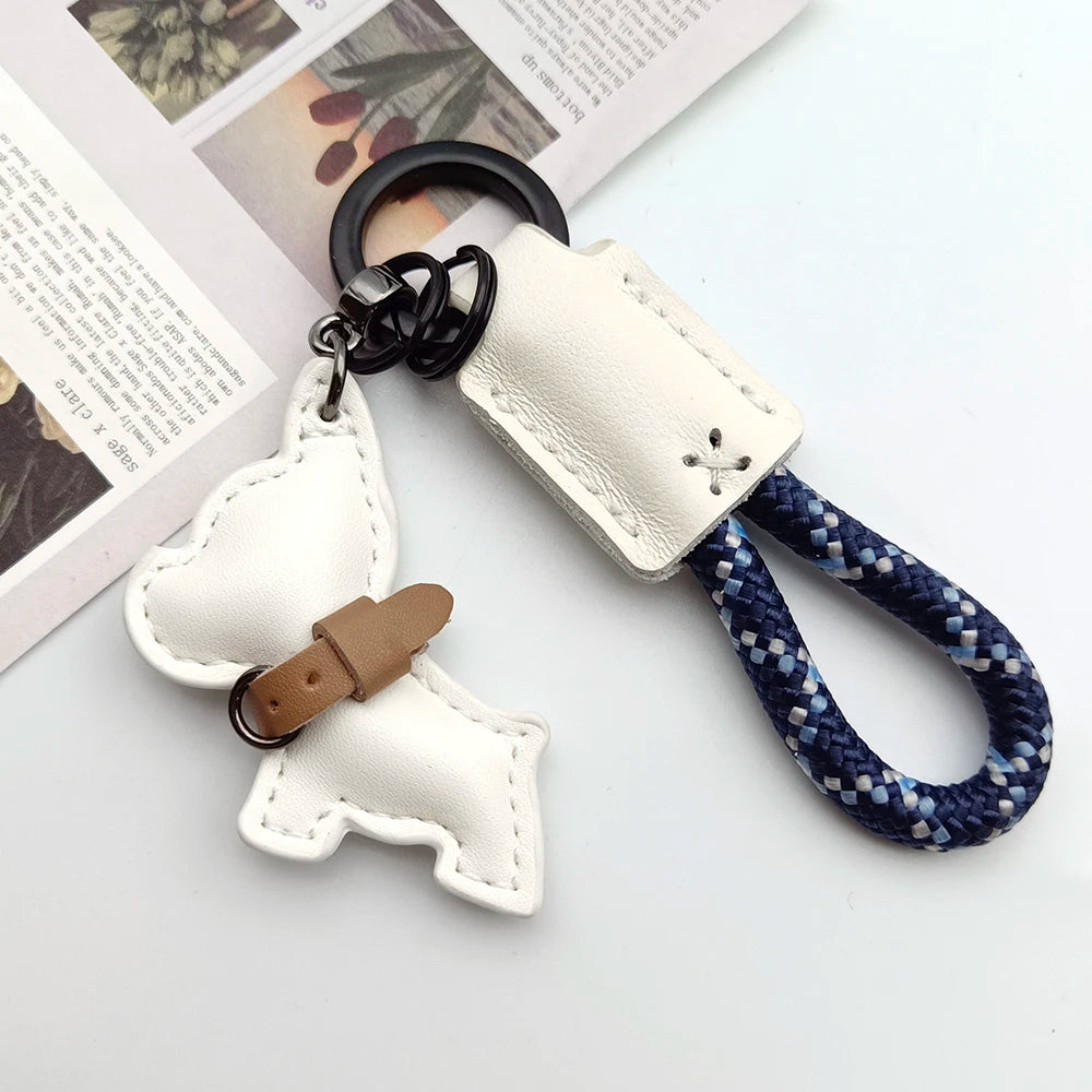 Leather Lanyard Keychain Creative Method Fighting Dog Puppies Custom Text Logo Animal Bag Pendant High-end Car Keyring Gift