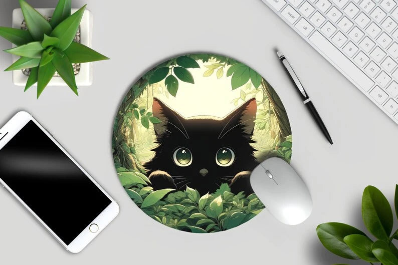 Cute Black Cat  Kawaii Peeking Through Leaves