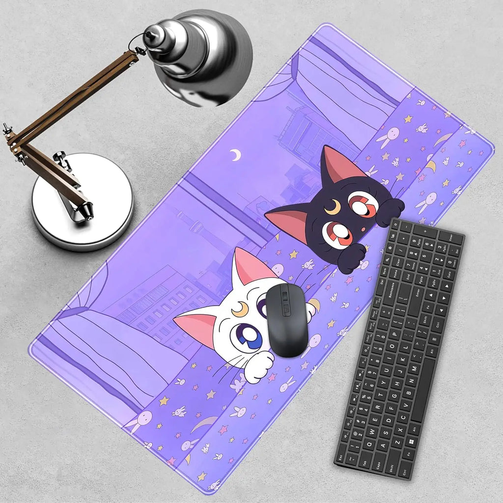 Pastel Purple Desk Mat Kawaii Cat Patterns