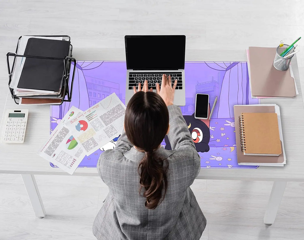 Pastel Purple Desk Mat Kawaii Cat Patterns