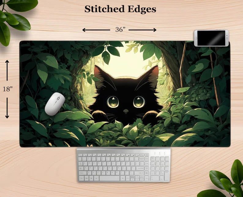 Cute Black Cat  Kawaii Peeking Through Leaves