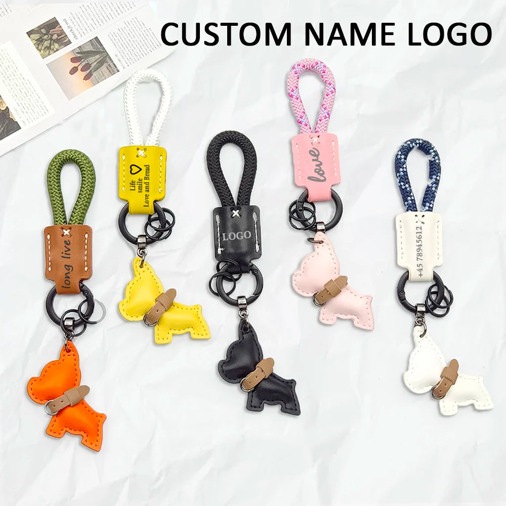 Leather Lanyard Keychain Creative Method Fighting Dog Puppies Custom Text Logo Animal Bag Pendant High-end Car Keyring Gift