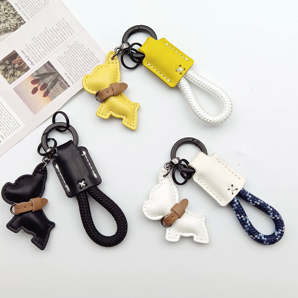 Leather Lanyard Keychain Creative Method Fighting Dog Puppies Custom Text Logo Animal Bag Pendant High-end Car Keyring Gift