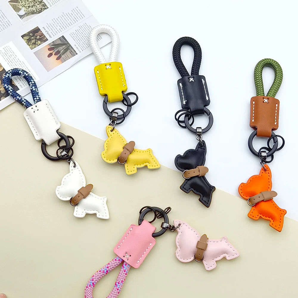 Leather Lanyard Keychain Creative Method Fighting Dog Puppies Custom Text Logo Animal Bag Pendant High-end Car Keyring Gift