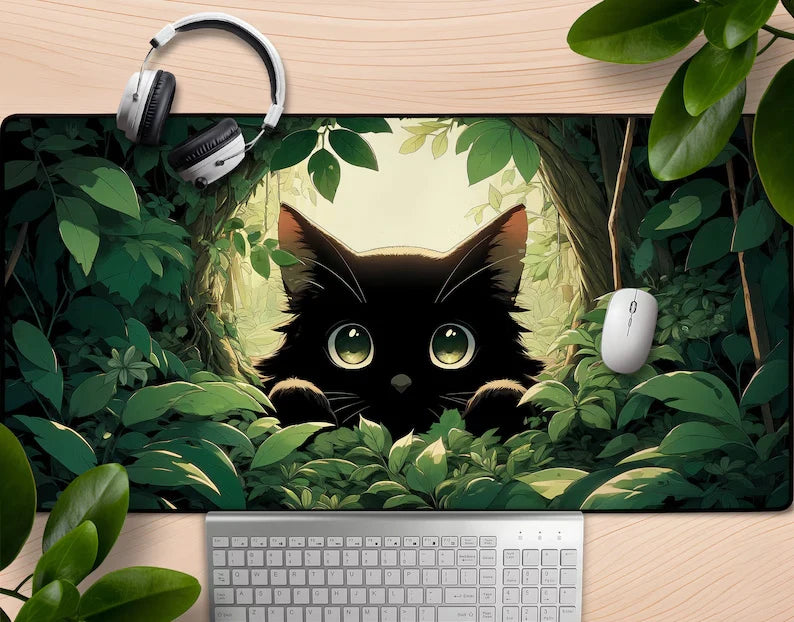 Cute Black Cat  Kawaii Peeking Through Leaves
