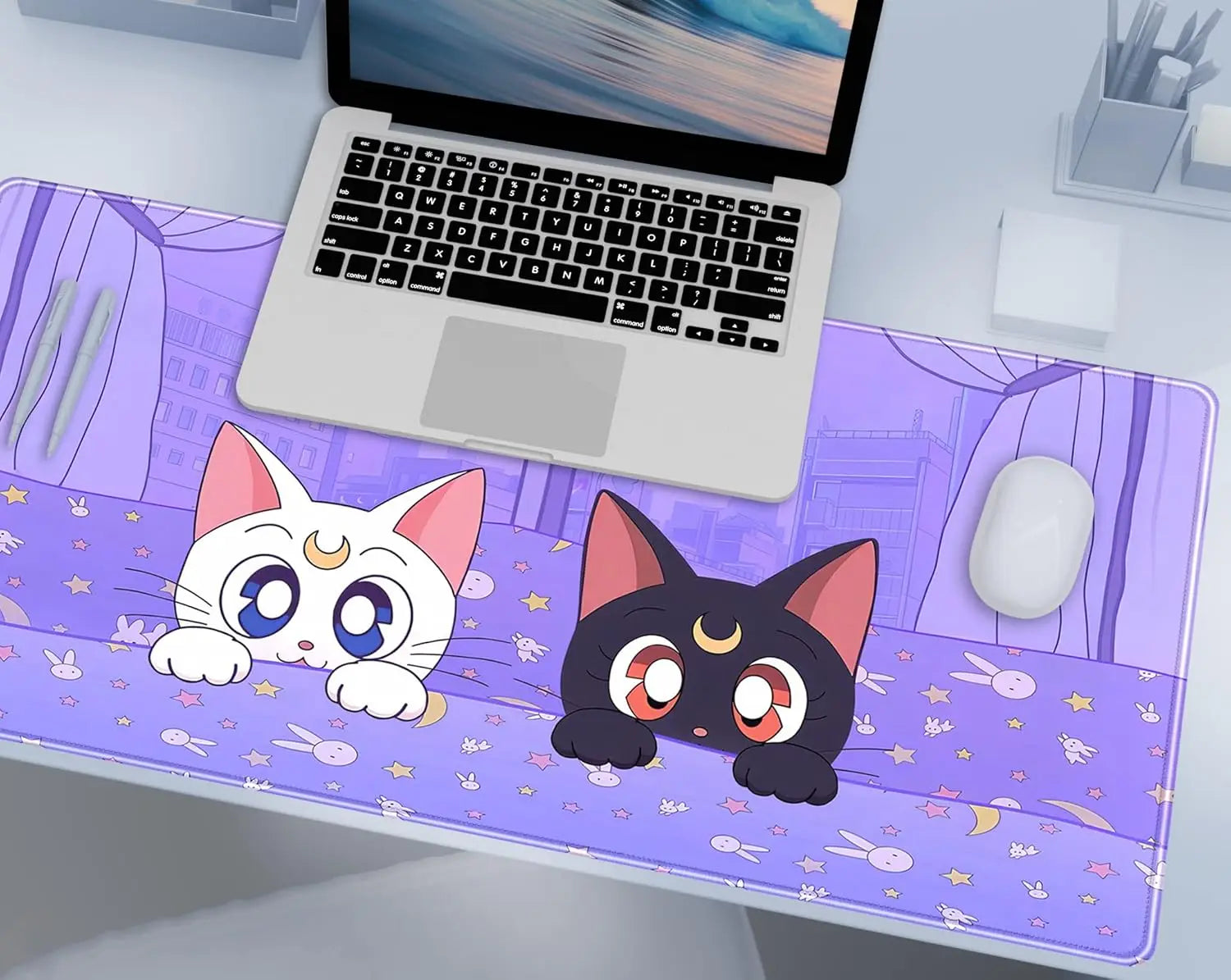 Pastel Purple Desk Mat Kawaii Cat Patterns